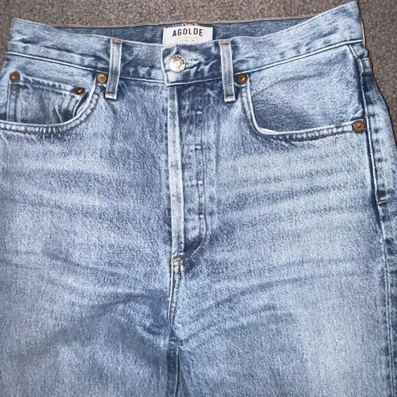 AGOLDE RILEY HIGH RISE STRAIGHT BLUE JEANS CROPPED RAW FRAYED HEM -  EUC - 26 - Picture 2 of 13